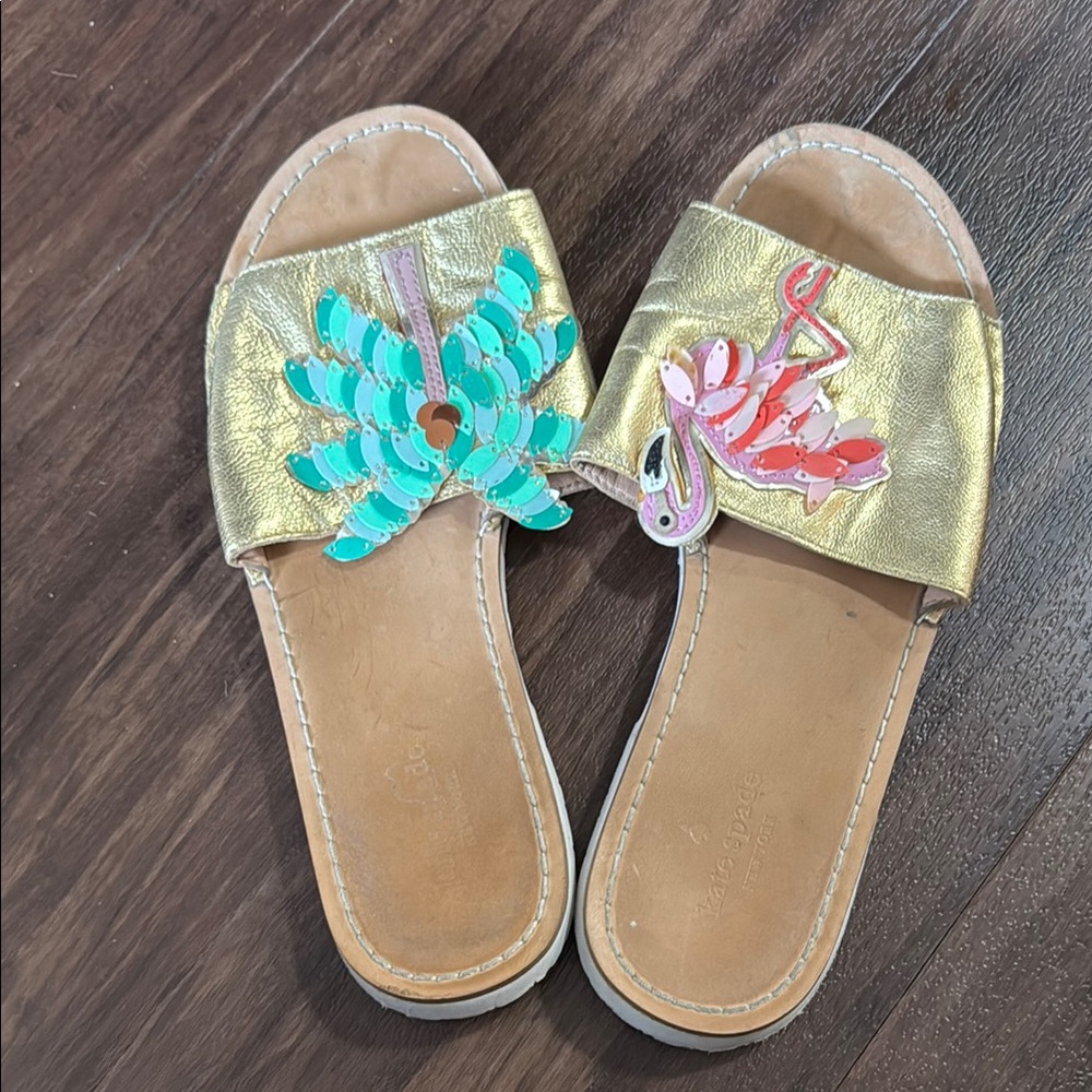 Kate Spade Gold Slide Sandals with Flamingo and Palm Design